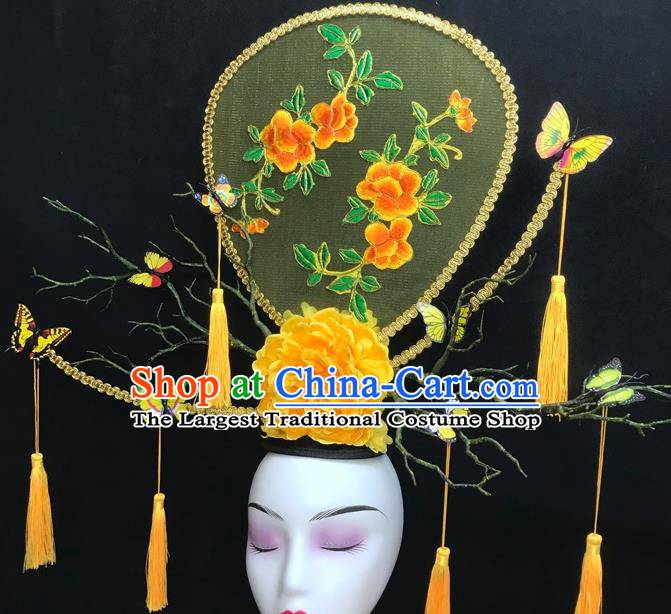 Chinese Traditional Court Giant Top Hat Handmade Catwalks Deluxe Headwear Qipao Stage Show Yellow Peony Hair Crown