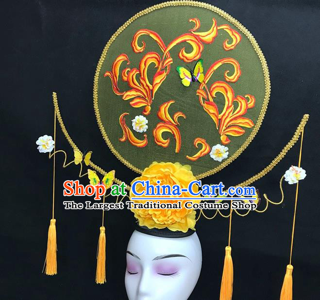 Chinese Qipao Stage Show Yellow Peony Hair Crown Traditional Court Giant Top Hat Handmade Catwalks Deluxe Butterfly Headwear