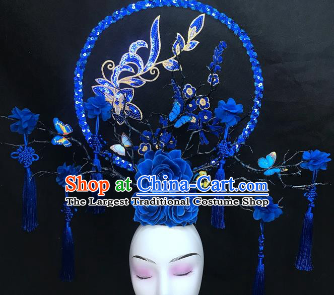 Chinese Qipao Stage Show Blue Hair Crown Traditional Court Giant Fan Top Hat Handmade Catwalks Deluxe Rose Branch Headwear