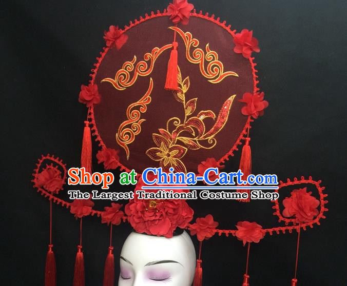 Chinese Traditional Court Giant Red Peony Top Hat Handmade Catwalks Deluxe Headwear Qipao Stage Show Tassel Hair Crown