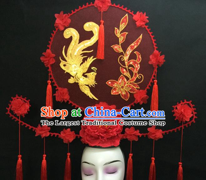Chinese Qipao Stage Show Embroidered Phoenix Hair Crown Traditional Court Giant Red Peony Top Hat Handmade Catwalks Deluxe Tassel Headwear