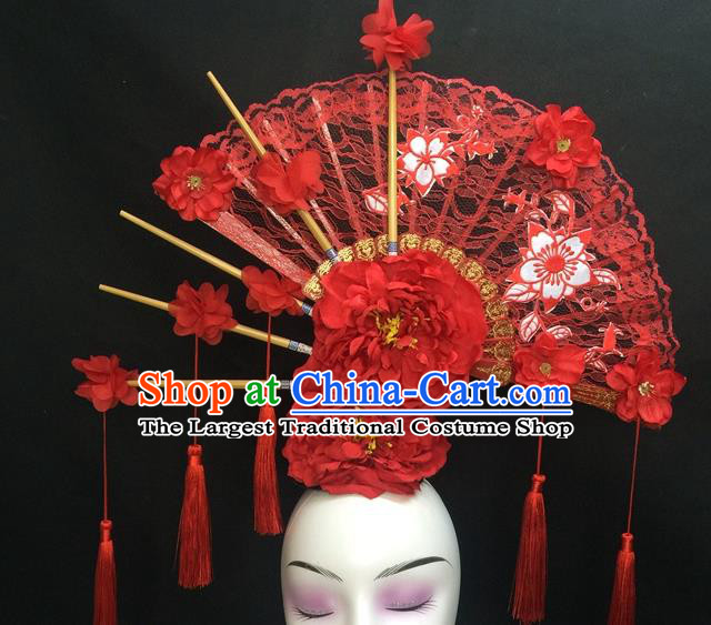 Chinese Handmade Catwalks Deluxe Lace Fan Headwear Qipao Stage Show Hair Crown Traditional Court Giant Red Peony Top Hat