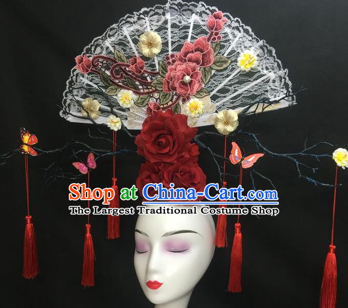 Chinese Qipao Stage Show White Lace Fan Hair Crown Traditional Court Giant Embroidered Peony Top Hat Handmade Catwalks Deluxe Headwear