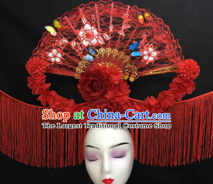 Chinese Handmade Catwalks Deluxe Tassel Headwear Qipao Stage Show Red Lace Fan Hair Crown Traditional Court Giant Flowers Top Hat