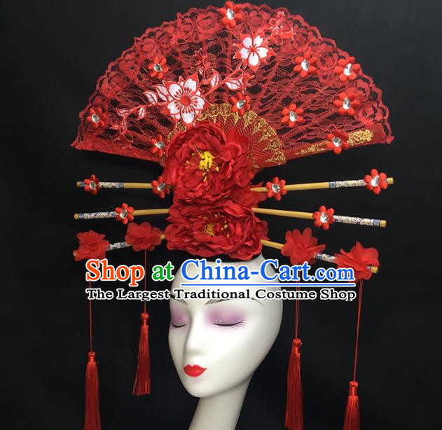 Chinese Traditional Court Giant Red Peony Top Hat Handmade Catwalks Deluxe Lace Fan Headwear Qipao Stage Show Tassel Hair Crown