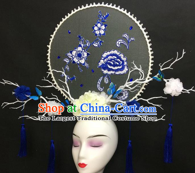 Chinese Qipao Stage Show Tassel Hair Crown Traditional Court Giant Top Hat Handmade Catwalks Deluxe Embroidered Peony Headwear