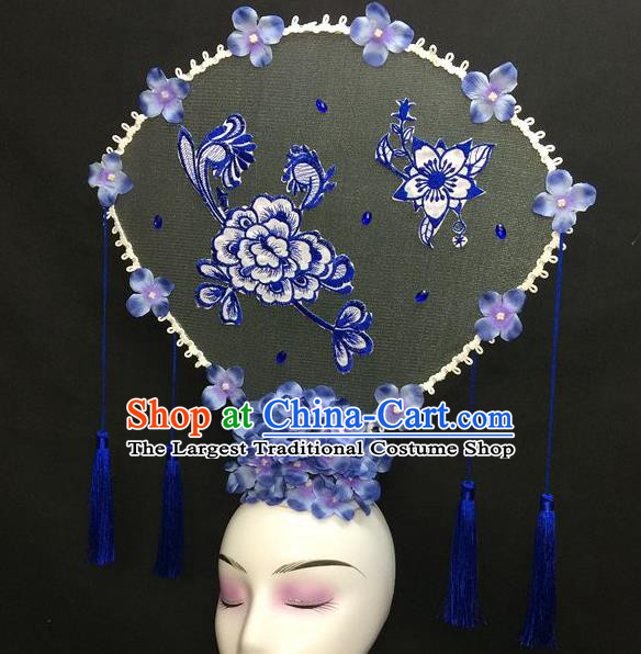 Chinese Qipao Stage Show Large Fan Hair Crown Traditional Court Giant Lilac Flowers Top Hat Handmade Catwalks Deluxe Headwear