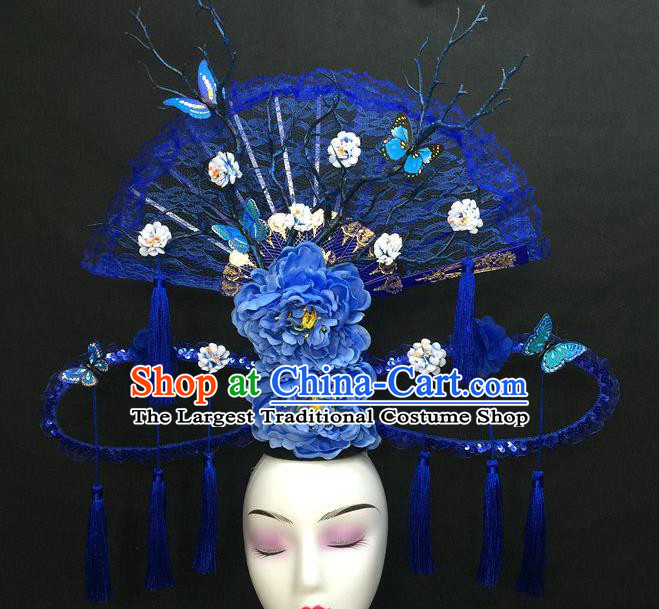 Chinese Qipao Stage Show Tassel Hair Crown Traditional Court Giant Lace Fan Top Hat Handmade Catwalks Deluxe Blue Peony Headwear