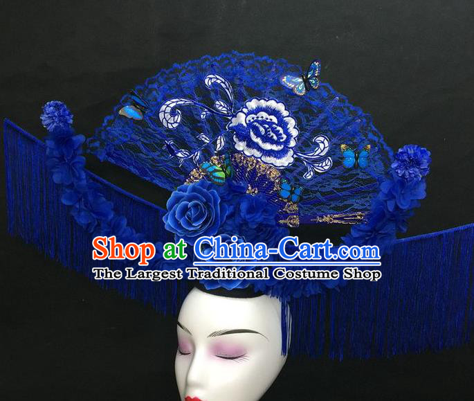 Chinese Qipao Stage Show Embroidered Peony Hair Crown Traditional Court Giant Blue Lace Fan Top Hat Handmade Catwalks Deluxe Tassel Fashion Headwear