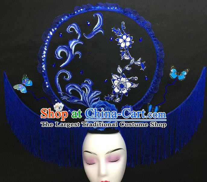 Chinese Handmade Catwalks Deluxe Tassel Fashion Headwear Qipao Stage Show Hair Crown Traditional Court Giant Blue Peony Top Hat