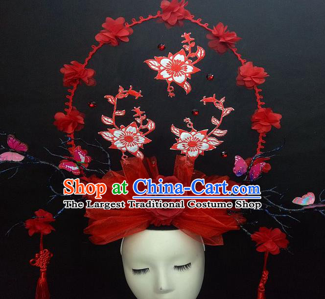 Chinese Cheongsam Stage Show Red Veil Hair Crown Traditional Court Tassel Giant Top Hat Handmade Catwalks Deluxe Butterfly Fashion Headwear