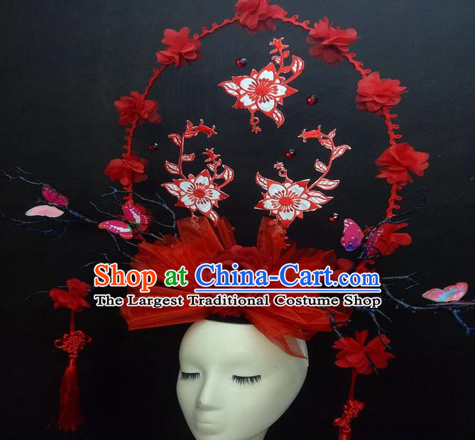 Chinese Cheongsam Stage Show Red Veil Hair Crown Traditional Court Tassel Giant Top Hat Handmade Catwalks Deluxe Butterfly Fashion Headwear