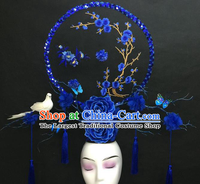 Chinese Handmade Catwalks Deluxe Fashion Headwear Qipao Stage Show Embroidered Plum Hair Crown Traditional Court Giant Top Hat