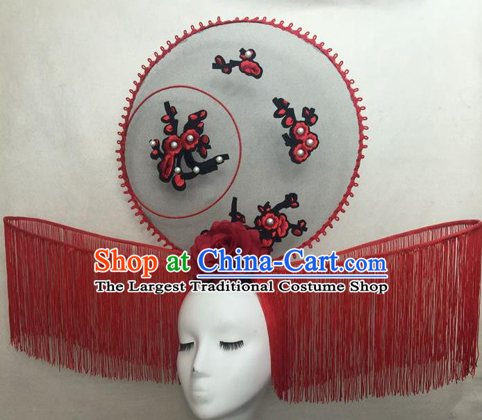 Chinese Traditional Court Red Tassel Giant Top Hat Handmade Catwalks Deluxe Fashion Headwear Cheongsam Stage Show Fan Hair Crown