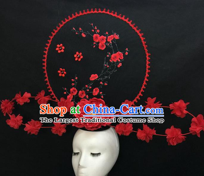Chinese Cheongsam Stage Show Embroidered Red Plum Hair Crown Traditional Court Giant Top Hat Handmade Catwalks Deluxe Peony Fashion Headwear