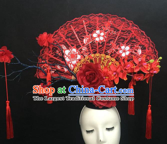 Chinese Traditional Stage Court Deluxe Top Hat Handmade Cheongsam Catwalks Red Lace Fan Headwear Fashion Show Giant Hair Crown