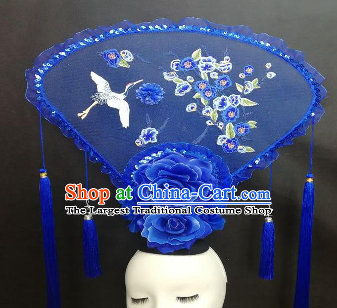 Chinese Cheongsam Catwalks Deluxe Blue Fan Headwear Handmade Fashion Show Giant Hair Crown Traditional Stage Court Embroidered Crane Plum Top Hat