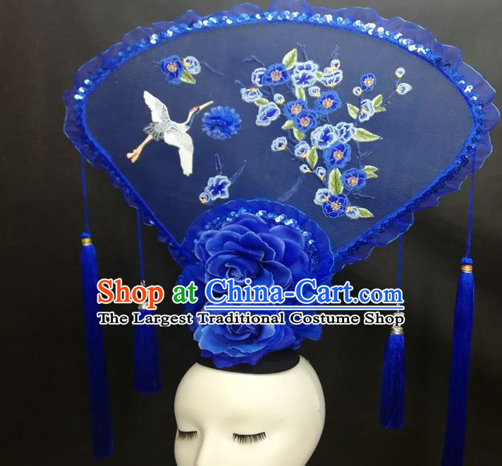 Chinese Cheongsam Catwalks Deluxe Blue Fan Headwear Handmade Fashion Show Giant Hair Crown Traditional Stage Court Embroidered Crane Plum Top Hat