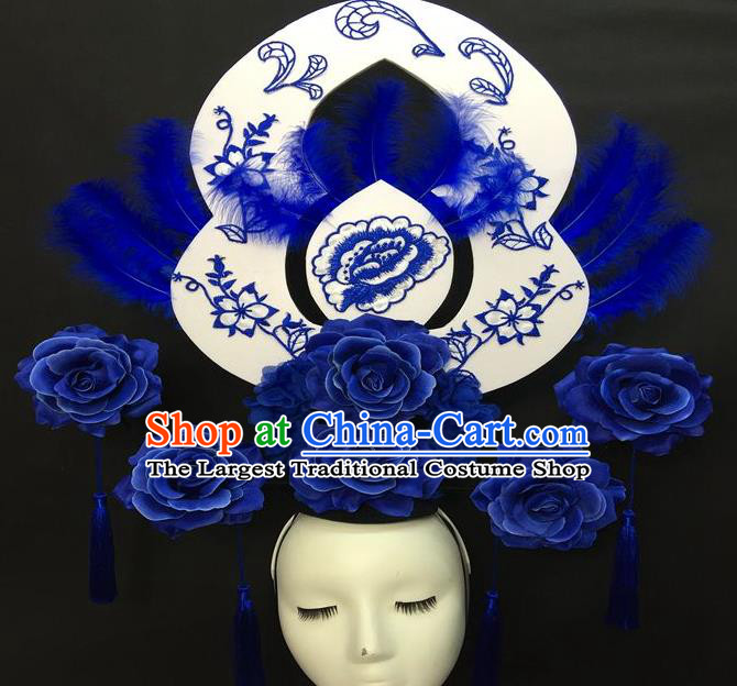 Chinese Handmade Fashion Show Giant Feather Hair Crown Traditional Stage Court Top Hat Cheongsam Catwalks Deluxe Blue Peony Headwear