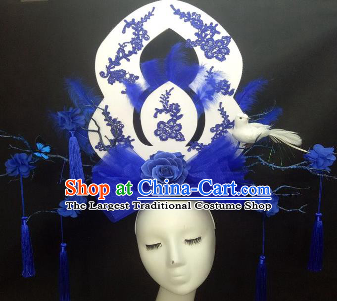 Chinese Cheongsam Catwalks Deluxe Blue Veil Peony Headwear Handmade Fashion Show Giant Feather Hair Crown Traditional Stage Court Top Hat