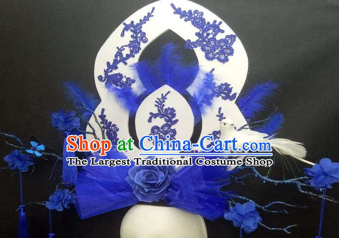 Chinese Cheongsam Catwalks Deluxe Blue Veil Peony Headwear Handmade Fashion Show Giant Feather Hair Crown Traditional Stage Court Top Hat
