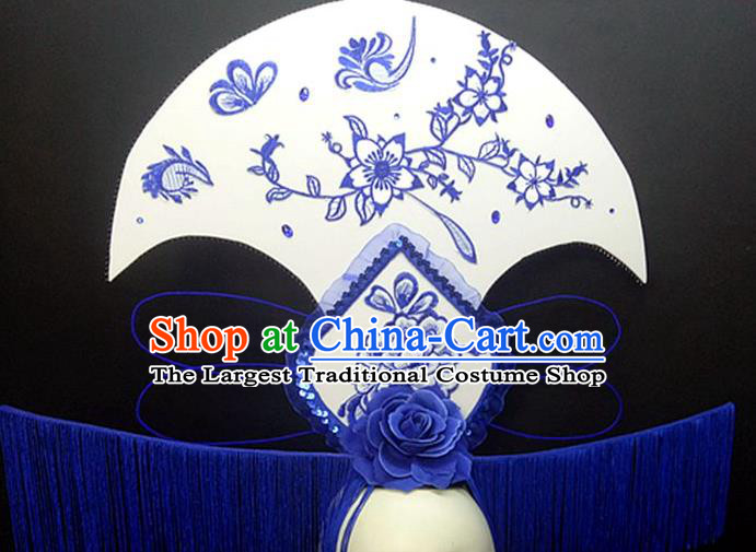 Chinese Cheongsam Catwalks Deluxe Tassel Headwear Handmade Fashion Show Giant Hair Crown Traditional Stage Court Blue Peony Top Hat
