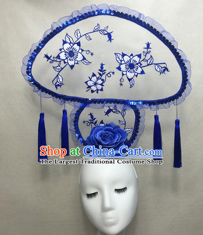 Chinese Cheongsam Catwalks Deluxe Mushroom Headwear Handmade Fashion Show Giant Hair Crown Traditional Stage Court Tassel Top Hat