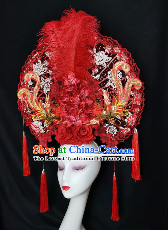 China Traditional Court Red Feather Hair Clasp Catwalks Giant Fashion Headwear Handmade Cheongsam Show Lace Fan Phoenix Hair Crown