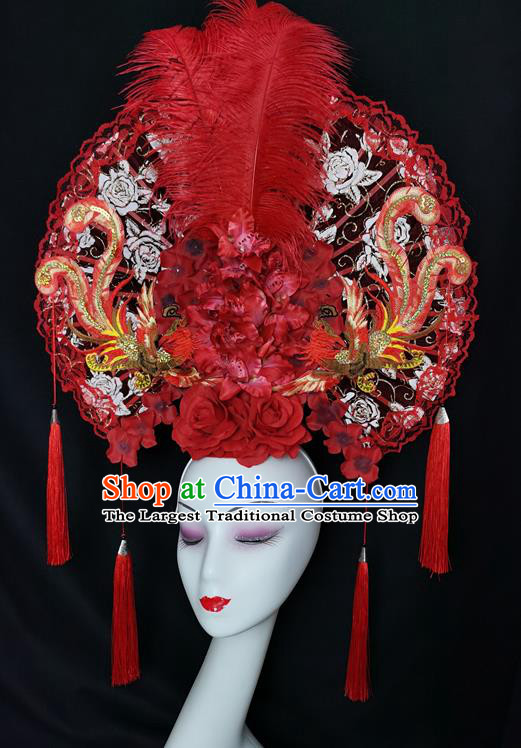 China Traditional Court Red Feather Hair Clasp Catwalks Giant Fashion Headwear Handmade Cheongsam Show Lace Fan Phoenix Hair Crown