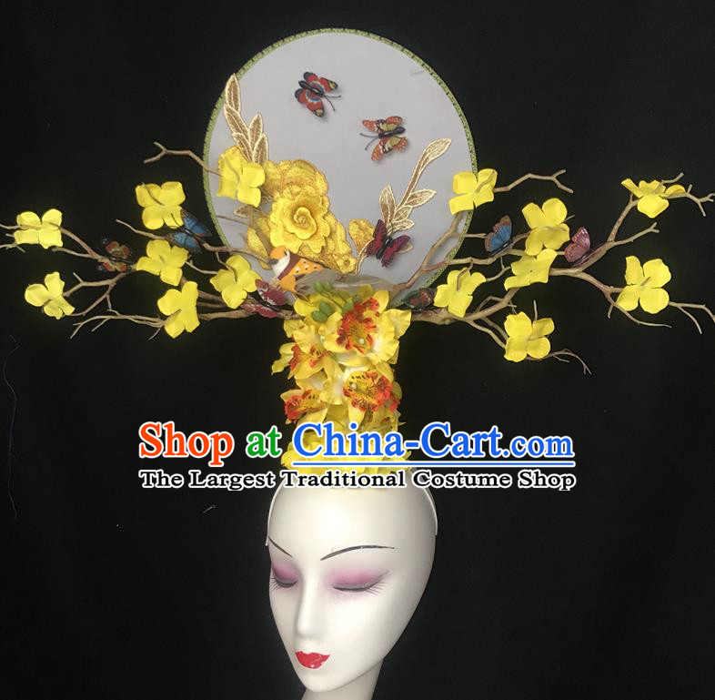 China Traditional Court Yellow Flowers Hair Clasp Handmade Catwalks Giant Fashion Headdress Cheongsam Show Embroidered Peony Hair Crown