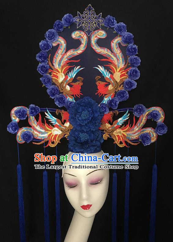 Chinese Catwalks Giant Fashion Headpiece Handmade Cheongsam Show Navy Peony Tassel Hair Crown Traditional Court Fan Hair Clasp