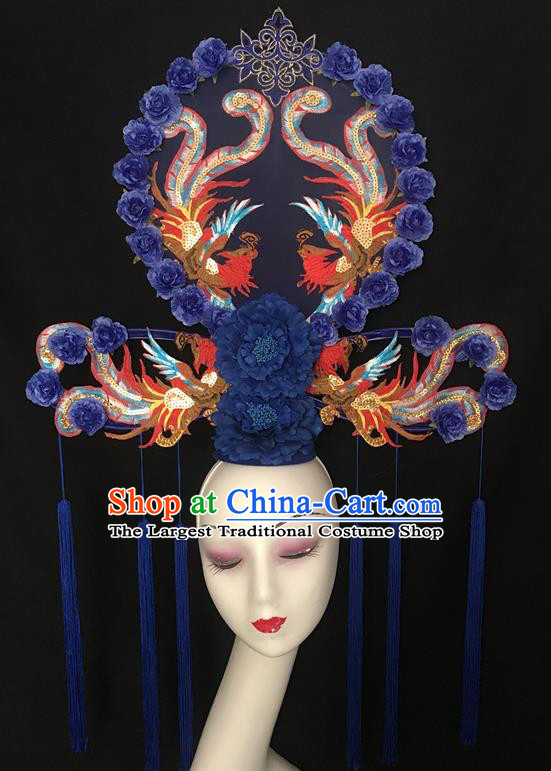 Chinese Catwalks Giant Fashion Headpiece Handmade Cheongsam Show Navy Peony Tassel Hair Crown Traditional Court Fan Hair Clasp