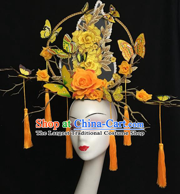 China Handmade Catwalks Bride Giant Fashion Headdress Cheongsam Show Orange Peony Hair Crown Traditional Court Tassel Hair Clasp