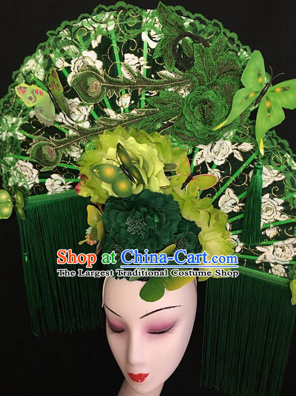 China Traditional Court Green Tassel Hair Clasp Handmade Catwalks Bride Giant Fashion Headdress Cheongsam Show Lace Phoenix Fan Hair Crown