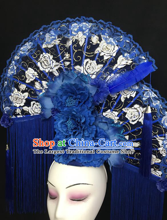 China Cheongsam Show Lace Fan Hair Crown Traditional Court Deep Blue Peony Tassel Hair Clasp Handmade Catwalks Fashion Bride Giant Headdress