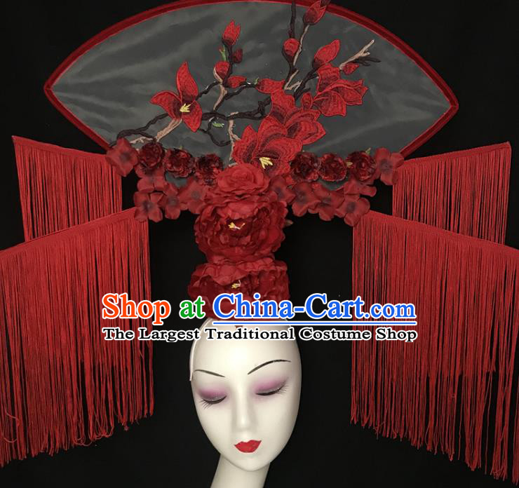 China Catwalks Fashion Tassel Headdress Handmade Bride Giant Headwear Cheongsam Show Embroidered Mangnolia Hair Crown Court Fan Hair Clasp