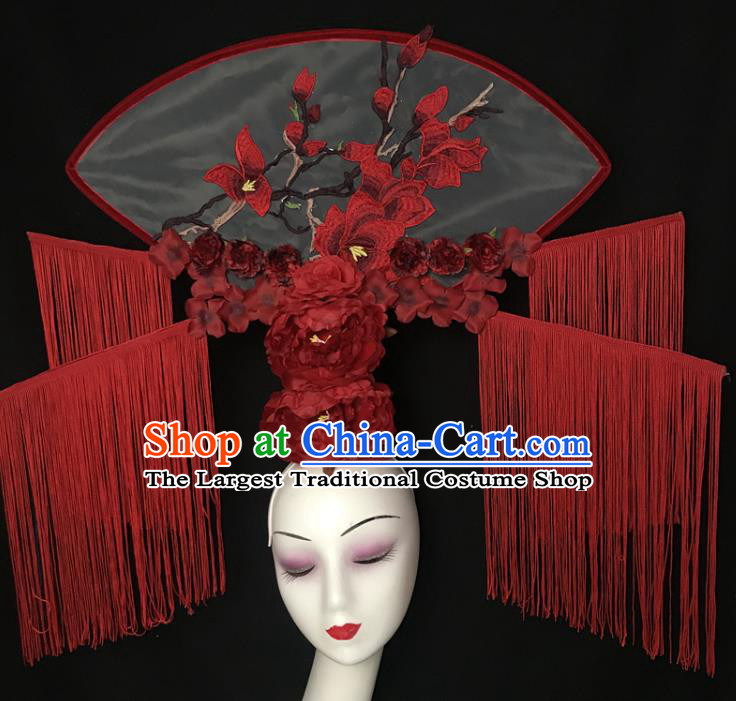 China Catwalks Fashion Tassel Headdress Handmade Bride Giant Headwear Cheongsam Show Embroidered Mangnolia Hair Crown Court Fan Hair Clasp