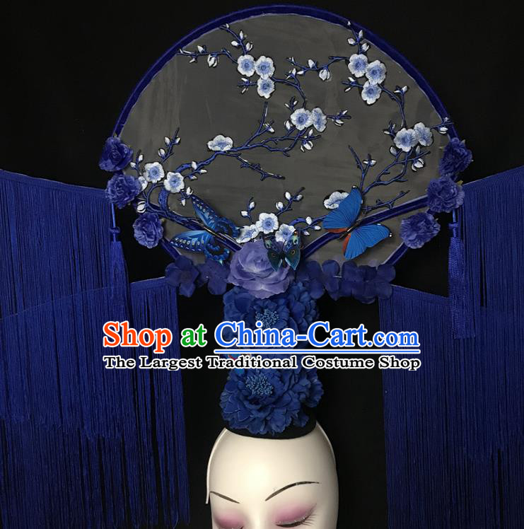 China Court Fan Hair Clasp Catwalks Fashion Tassel Headdress Handmade Bride Giant Headwear Cheongsam Show Embroidered Plum Hair Crown