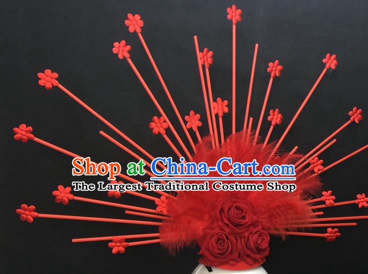 Top Halloween Fancy Ball Hair Clasp Gothic Red Rose Headdress Cosplay Party Feather Hair Accessories Catwalks Goddess Royal Crown