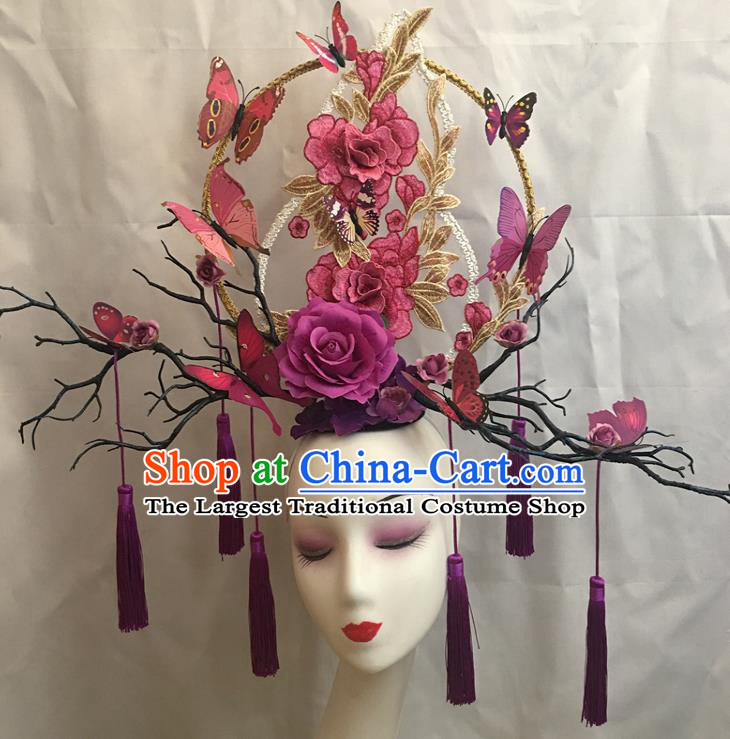 China Court Tassel Hair Clasp Catwalks Giant Headdress Handmade Bride Fashion Headwear Cheongsam Show Purple Gourd Hair Crown