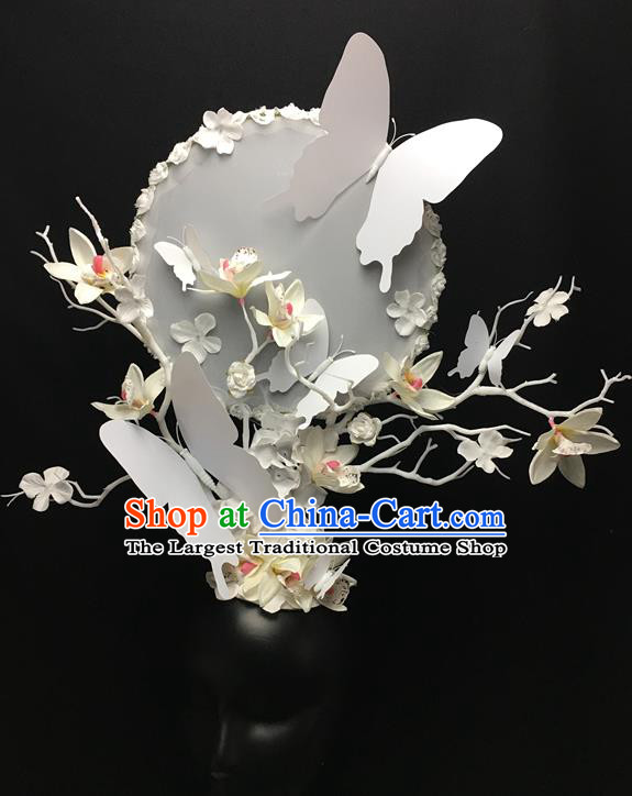 China Cheongsam Show White Butterfly Hair Crown Court Fan Hair Clasp Catwalks Giant Headdress Handmade Bride Fashion Headwear