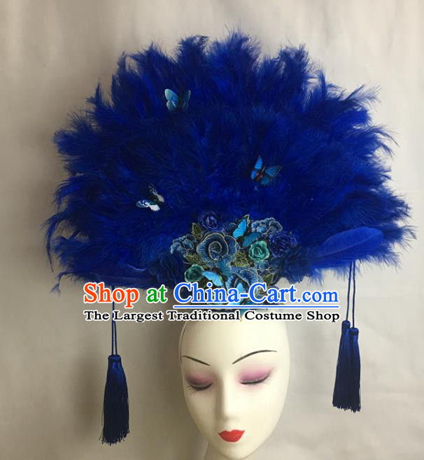 China Cheongsam Show Blue Feather Hair Crown Court Fan Hair Clasp Catwalks Bride Giant Headdress Handmade Fashion Butterfly Headwear