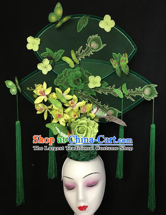 China Handmade Bride Giant Headwear Cheongsam Show Embroidered Peony Hair Crown Court Green Fan Hair Clasp Catwalks Fashion Headdress
