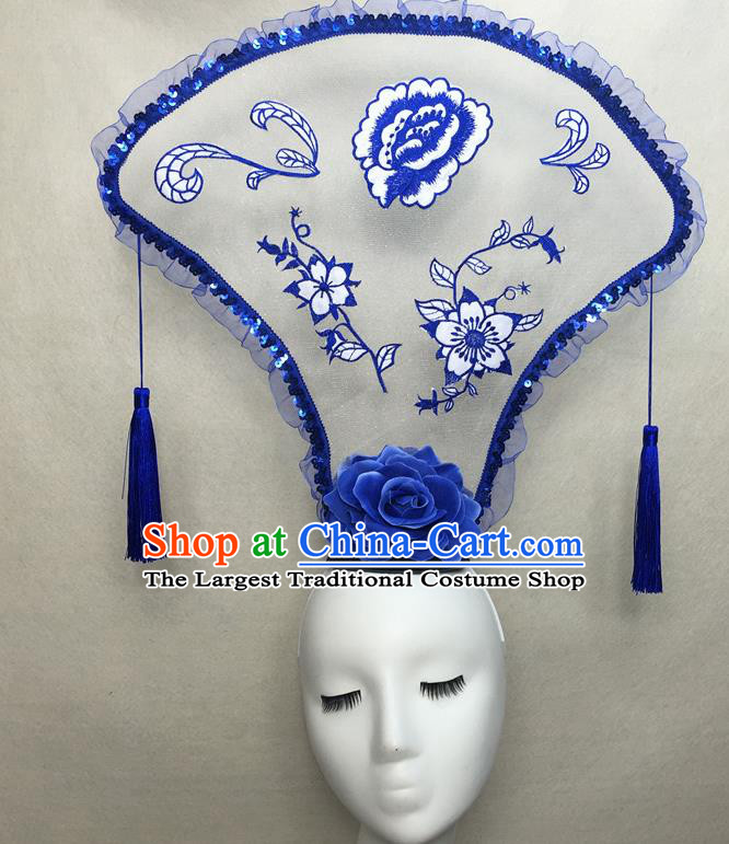 Chinese Traditional Stage Court Tassel Top Hat Cheongsam Catwalks Deluxe Headwear Handmade Fashion Show Giant Fan Hair Crown