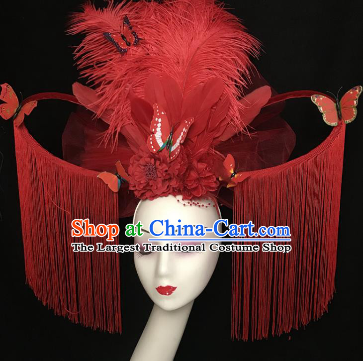 Top Rio Carnival Feather Hair Clasp Brazil Parade Headdress Halloween Cosplay Hair Accessories Catwalks Red Tassel Royal Crown