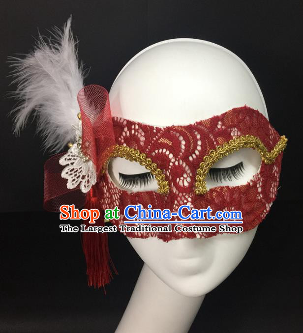 Handmade Halloween Cosplay Show Feather Mask Costume Party Blinder Headpiece Rio Carnival Red Lace Face Mask