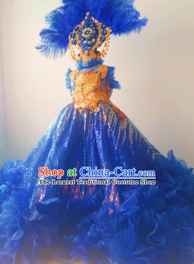Custom Girl Princess Stage Show Embroidered Clothing Brazil Parade Blue Trailing Full Dress Children Catwalks Dance Garment Costume and Feather Headwear