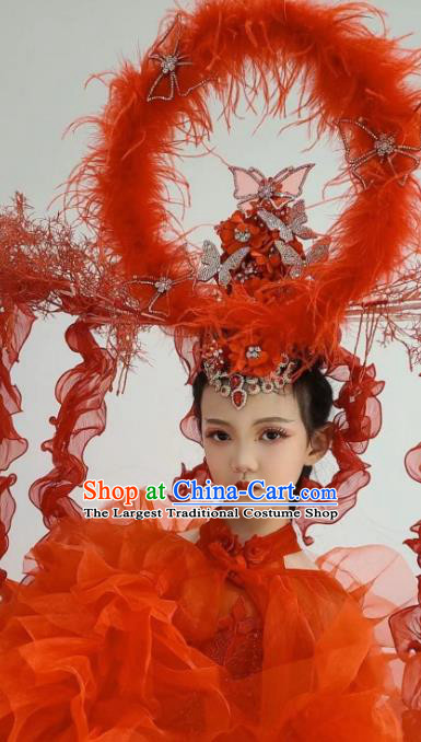 Customized Brazil Parade Dance Red Veil Trailing Full Dress Children Catwalks Garment Costume Girl Stage Show Clothing and Headdress