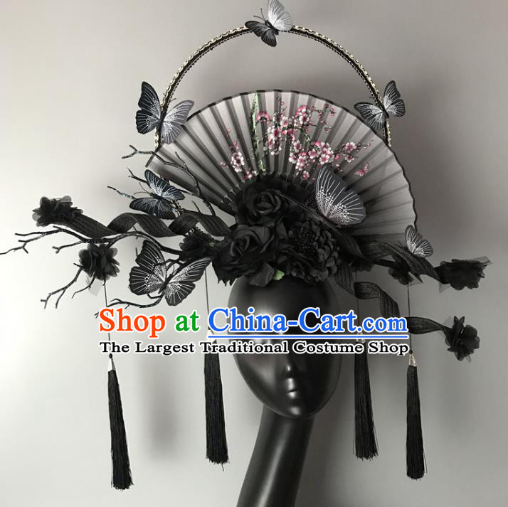 Chinese Traditional Stage Court Fan Tassel Top Hat Cheongsam Catwalks Deluxe Headwear Handmade Fashion Show Giant Black Butterfly Hair Crown