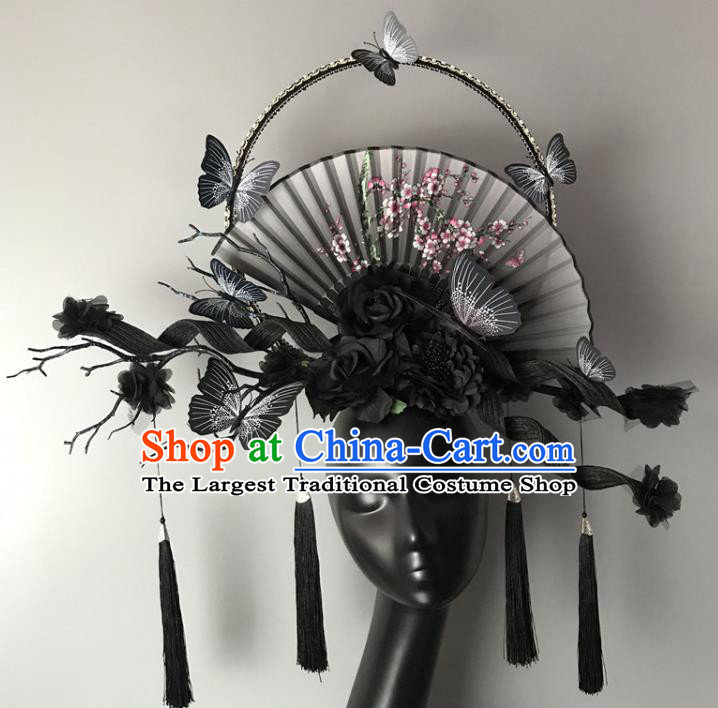 Chinese Traditional Stage Court Fan Tassel Top Hat Cheongsam Catwalks Deluxe Headwear Handmade Fashion Show Giant Black Butterfly Hair Crown